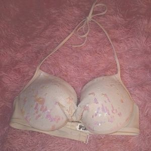 Large Victoria's Secret Pink Sequin Holographic Iridescent Y2K Swimsuit Top